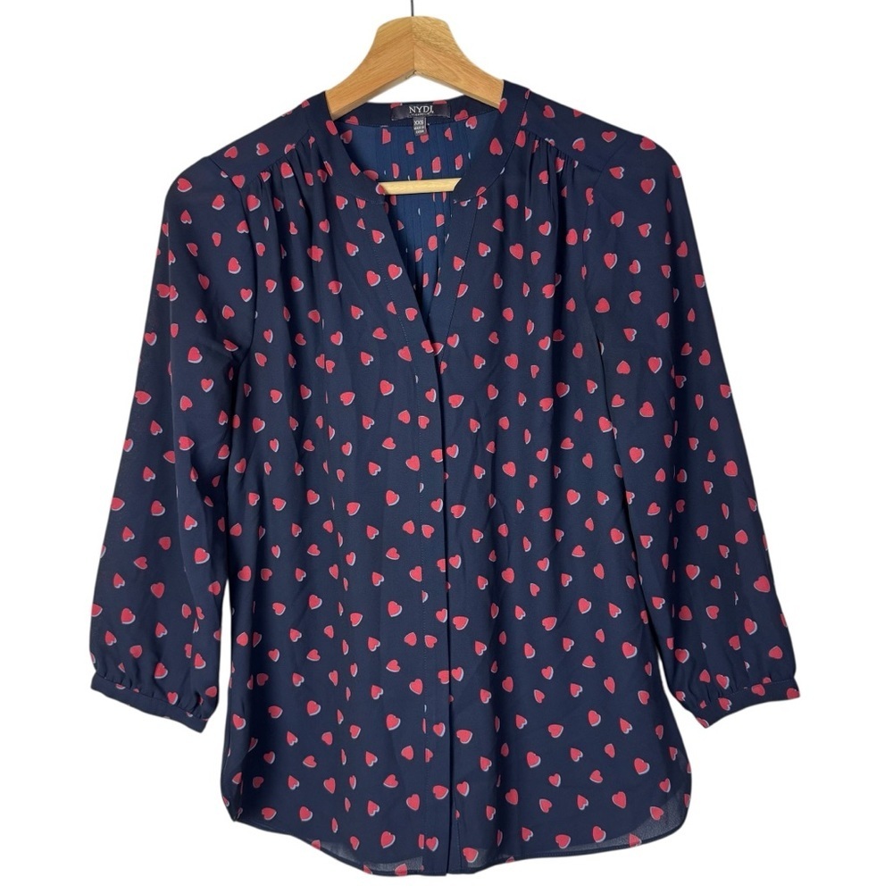 NYDJ Navy Blue Red Heart Print Popover Long Sleeve‎ Blouse XXS